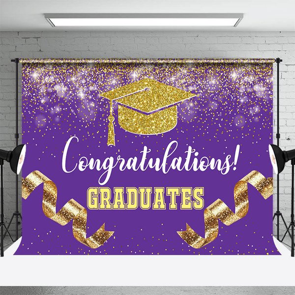 Aperturee Purple Gold Glitter Ribbons Congrats Grad Backdrop, 3X2FT(1MX0.6M), 14 USD, graduation backdrops, YZHD1P93-M