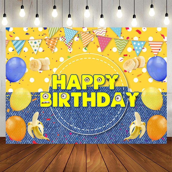 Aperturee Yellow Dots Denim Balloons Banana Birthday Backdrop, 5X3FT(1.5X1M), 15.07 USD, birthday backdrops, YZHD2P04-E