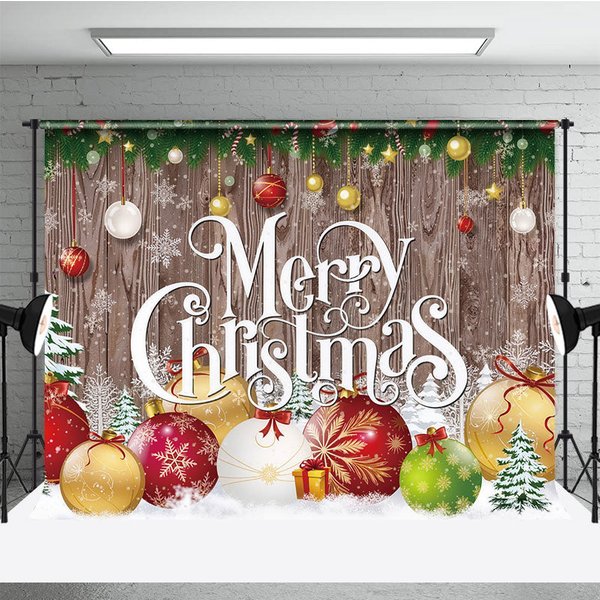 Aperturee Merry Christmas Backdrop with Rustic Wood and Colorful Ornaments, Farmhouse Holiday, Winter Party Decor, 3x2ft (WxH)