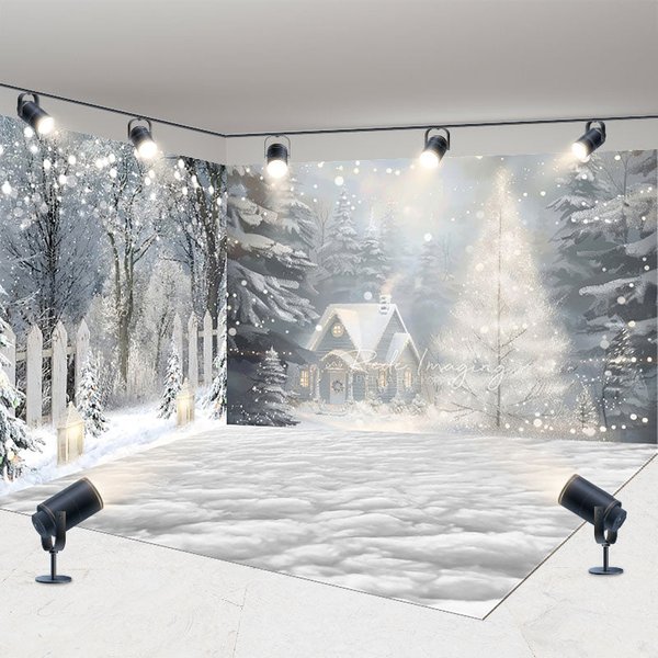 Aperturee Cozy Christmas Cottage Room Set Backdrop, Painterly Winter Snow Scene, Holiday Mini Session Photo Studio, 7 x 7 ft / 10 x 7 ft / 10 x 7 ft