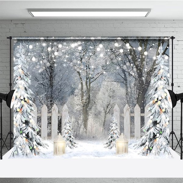 Aperturee Winter Wonderland Photography Backdrop, Snowy Forest with Flocked Trees, Christmas String Lights Photo Background, 3x2ft (WxH)