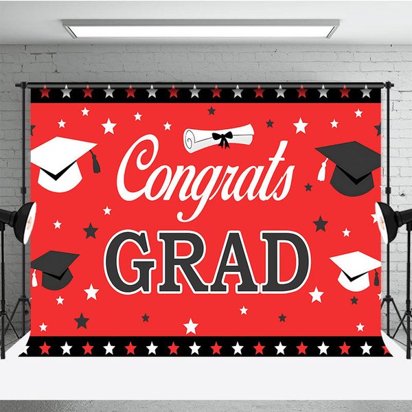 Aperturee Red and Black Congrats Grad Backdrop Graduation Caps Studio Background