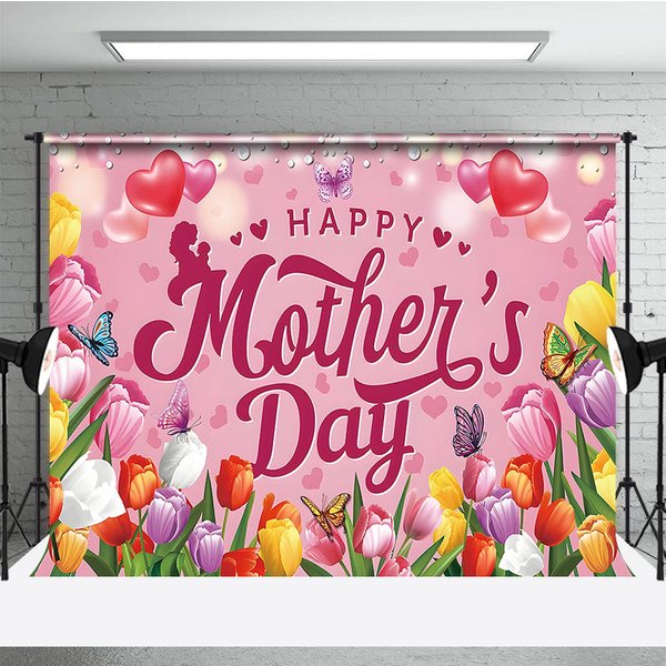Aperturee Happy Mother's Day Backdrop, Professional Pink Tulips and Butterflies Studio Background