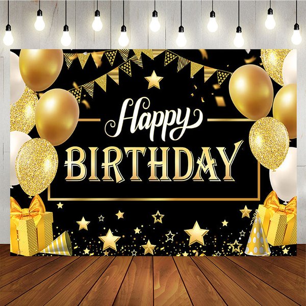 Aperturee Luxury Gold and Black Happy Birthday Backdrop Professional Photo Background