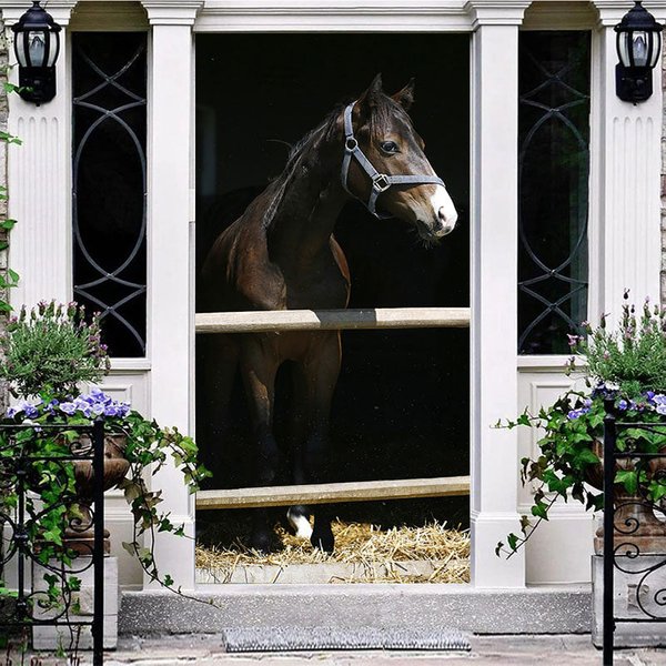 Aperturee Sunlight Rural Dark Horse Stable Animal Door Cover, 30x80 Inch, 28.48 USD, birthday door covers, YZMZ0O24-A