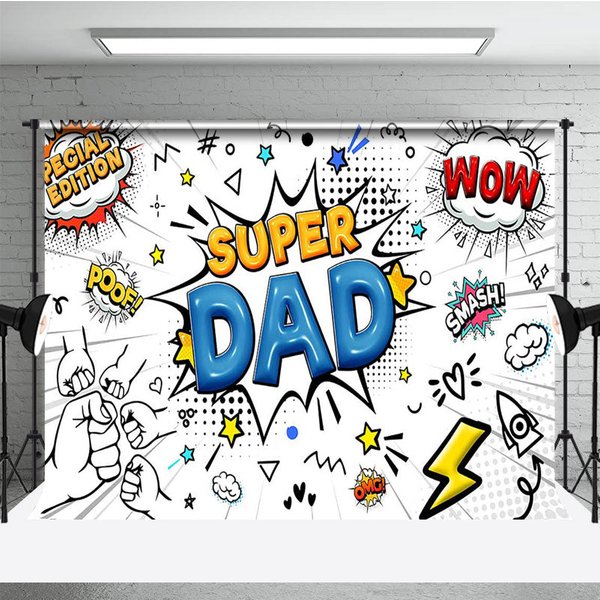 Aperturee Comic White Superhero Dad Happy Fathers Day Backdrop, 3X2FT(1MX0.6M), 14 USD, fathers day backdrops, ZHF641A-M