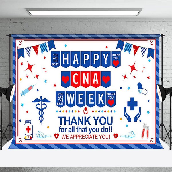 Aperturee Blue Stripe Happy CNA Week Thank You Party Backdrop, 3X2FT(1MX0.6M), 14 USD, commemorative backdrops, ZHF648A-M