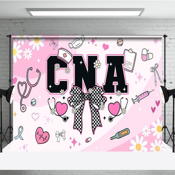 Aperturee Sweet Pink White Daisy Bow Happy CNA Week Backdrop, 3X2FT(1MX0.6M), 14 USD, commemorative backdrops, ZHF649A-M