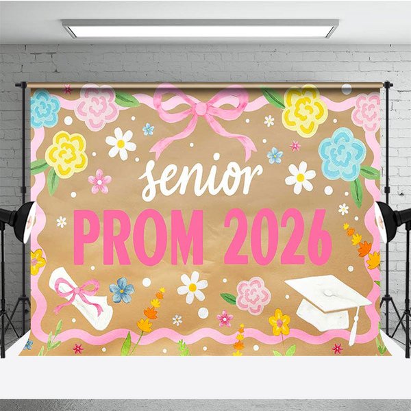 Aperturee Senior Prom 2026 Backdrop Pink Ribbon Flowers and Graduation Cap Diploma Photography Background Studio Prop