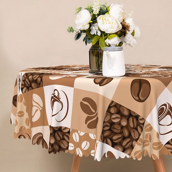 Aperturee Coffee Bean Plaid Round Tablecloth in Brown and White, for Cafe, Kitchen, and Coffee Lover Decor, Diameter 48inch