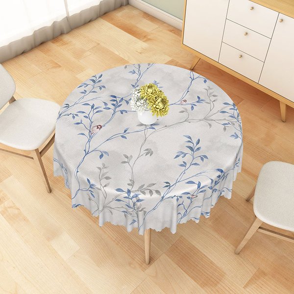 Aperturee Blue and White Round Tablecloth with Floral and Bird Pattern, for French Country and Chinoiserie Decor, Diameter 48inch