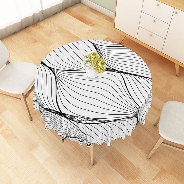 Aperturee Modern Black and White Wavy Line Round Tablecloth, for Abstract and Minimalist Contemporary Decor, Diameter 48inch