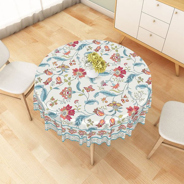 Aperturee Botanical Round Tablecloth with Red Flowers and Blue Leaves, for Patriotic Floral and Summer Decor, Diameter 48inch
