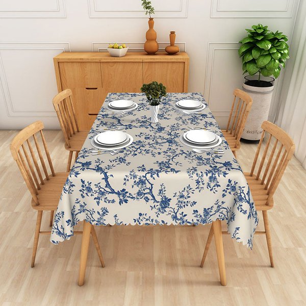 Aperturee Blue Chinoiserie Floral Rectangle Tablecloth, Vintage Tree Branch Dining Table Cover