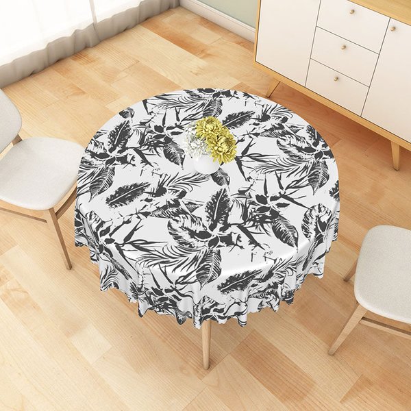 Aperturee Black Tropical Leaf Sketch Round Tablecloth, Modern Botanical Jungle Pattern for Summer Decor, Photography Backdrop Prop