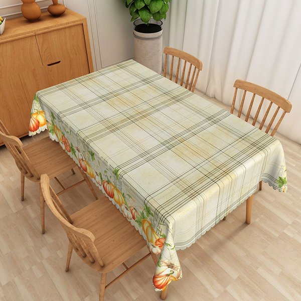Aperturee Farmhouse Fall Tablecloth with Pumpkins and Green Stripes, for Thanksgiving Holiday and Autumn Kitchen Decor, 52x70in (WxH)