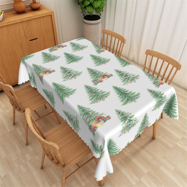 Aperturee Watercolor Christmas Tree Rectangle Tablecloth, White with Pine Trees, Holiday Party Table Cover Decor