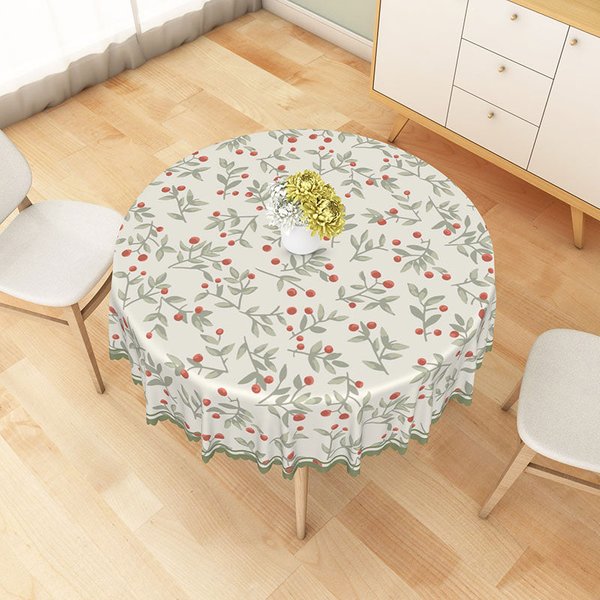 Aperturee Red Berry and Green Leaf Round Tablecloth Rustic Botanical Garden Style Table Cover for Studio Staging
