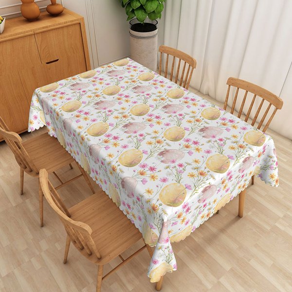 Aperturee Watercolor Floral Easter Egg Rectangle Tablecloth, Pink Yellow Spring Table Cover, Artistic Spring Prop