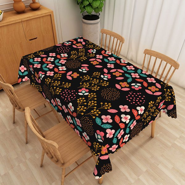 Aperturee Black Abstract Floral Rectangle Tablecloth, Modern Folk Art Flower Table Cover, Artistic Prop