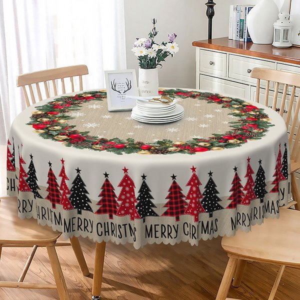 Aperturee Merry Christmas Round Tablecloth with Red Plaid Trees, Burlap Runner Style, Farmhouse Holiday Dining Decor, Diameter 48inch