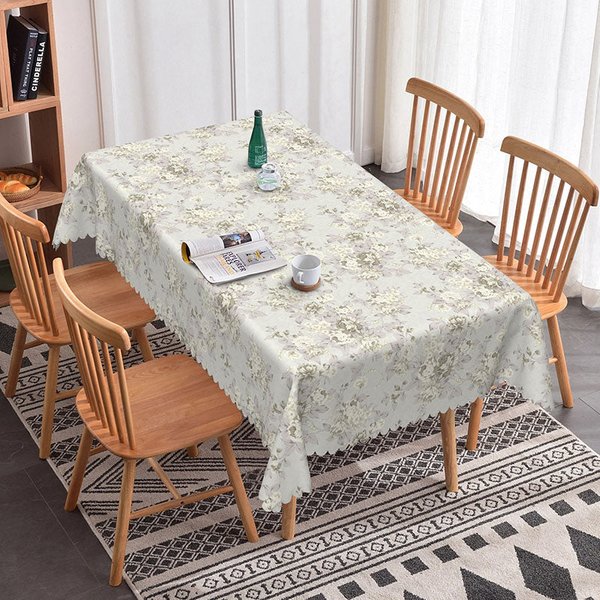 Aperturee Elegant Grey White Floral Rectangle Tablecloth Vintage Silver Flower Pattern Dining Cover Decor