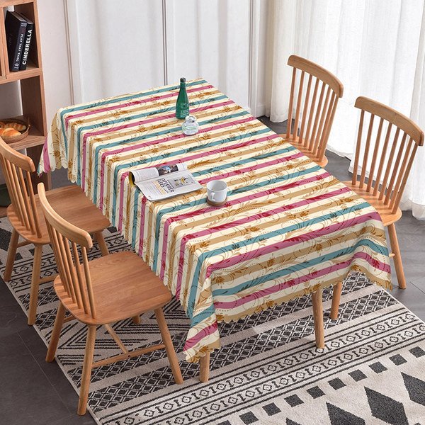 Aperturee Retro Striped Floral Rectangle Tablecloth Red Blue Damask Pattern for Holiday Dinner Party Kitchen Decor, Vintage Texture Backdrop