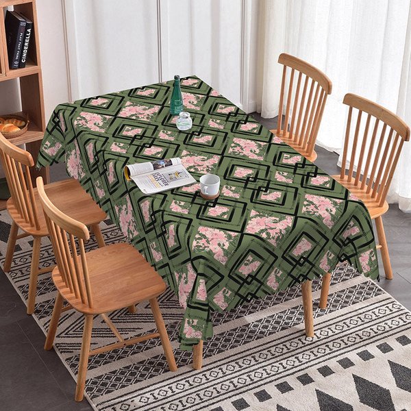 Aperturee Green Geometric Square Pink Floral Rectangle Tablecloth Modern Prop
