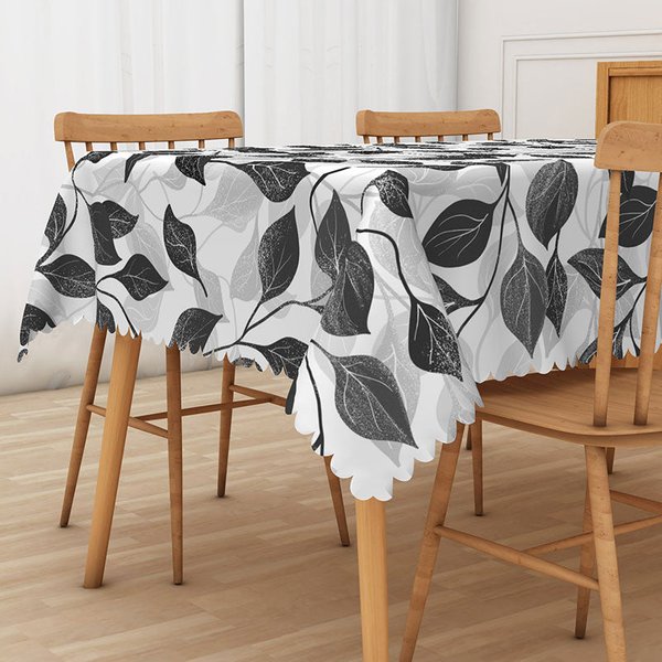 Aperturee Modern Black and White Leaf Tablecloth, for Minimalist Botanical and Contemporary Dining Room Decor, 52x70in (WxH)