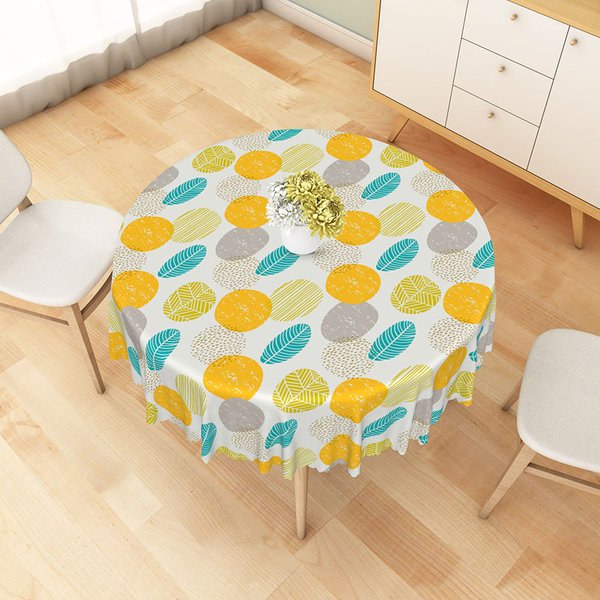 Aperturee Modern Green Leaf and Orange Dot Round Tablecloth, for Fun and Contemporary Spring and Summer Decor, Diameter 48inch