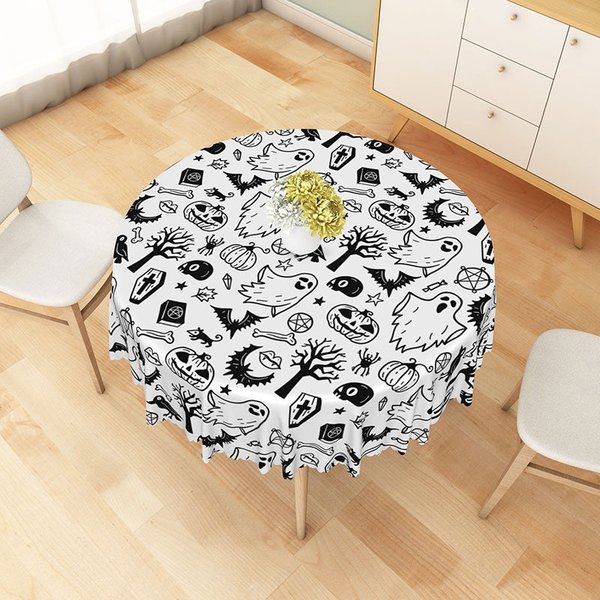 Aperturee Black and White Halloween Round Tablecloth with Cute Ghost Pattern, for Modern and Spooky Party Decor, Diameter 48inch