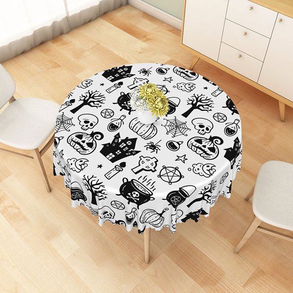 Aperturee White Halloween Round Tablecloth with Jack-o'-Lanterns, Skeletons, and Spiders, for Spooky Decor, Diameter 48inch