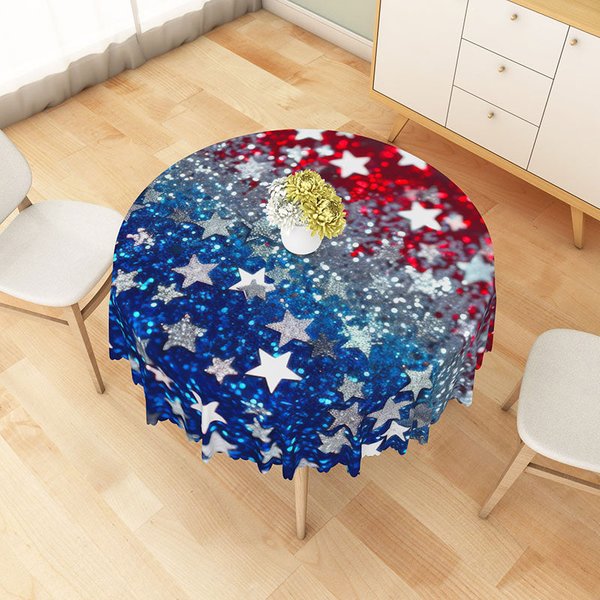 Aperturee Patriotic Red White and Blue Glitter Stars Round Tablecloth, for 4th of July and Memorial Day Party, Diameter 48inch