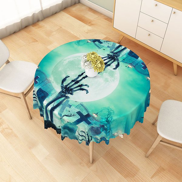 Aperturee Green Halloween Round Tablecloth with Full Moon and Graveyard, for Zombie and Spooky Party Decor, Diameter 48inch