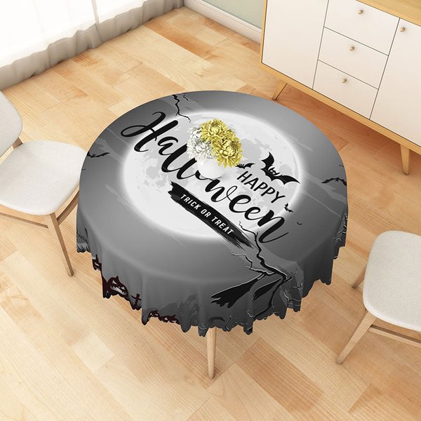 Aperturee Grey Halloween Round Tablecloth with Moon, Bats, and Cemetery, for Gothic and Spooky Haunted Decor, Diameter 48inch