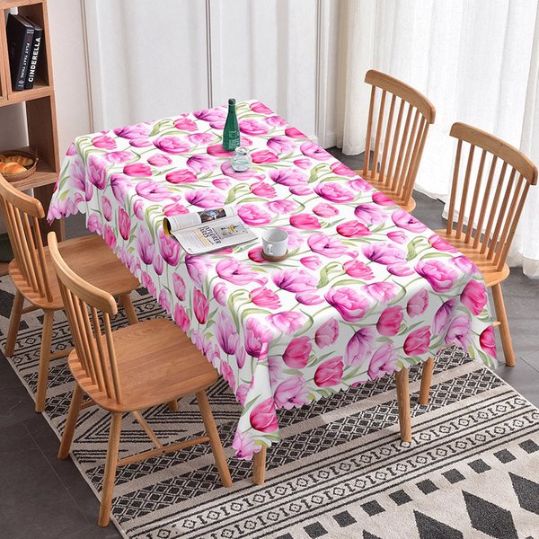 Aperturee Purple Pink Tulip Rectangle Tablecloth, Watercolor Spring Flower Table Cover, Spring Photo Backdrop