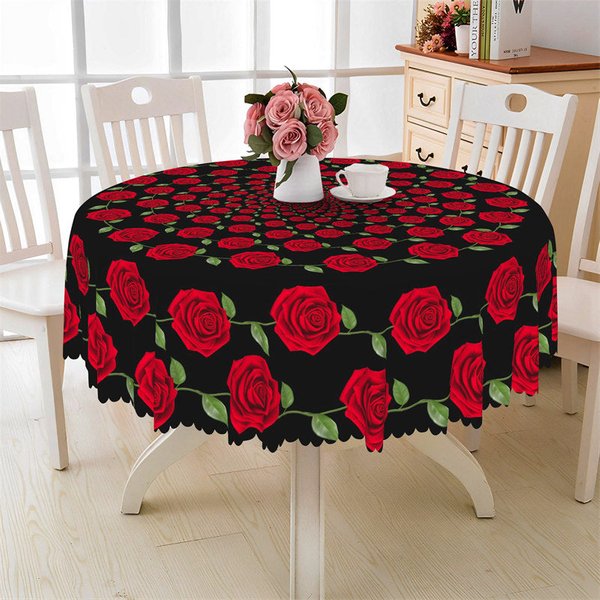 Aperturee Red Rose Circle Black Round Tablecloth, Geometric Floral Pattern Prop