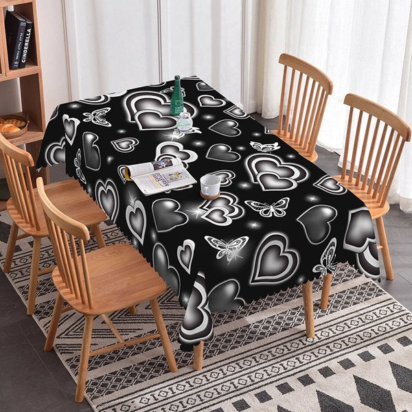 Aperturee Black Glowing Heart Butterfly Rectangle Tablecloth, Neon Light Love Pattern, Modern Gothic Dining Decor, Black Neon Prop