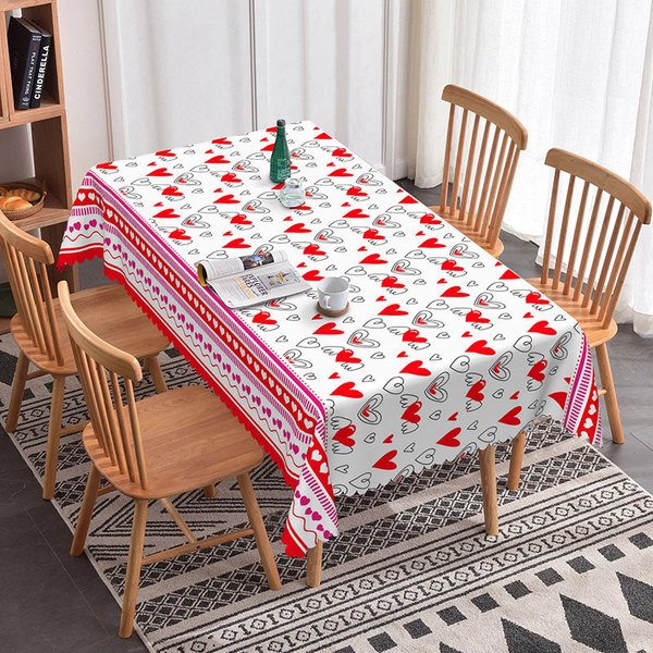 Aperturee Red and White Sketch Heart Rectangle Tablecloth, Cute Love Doodle Border, Romantic Valentine Kitchen Decor, Red White Prop