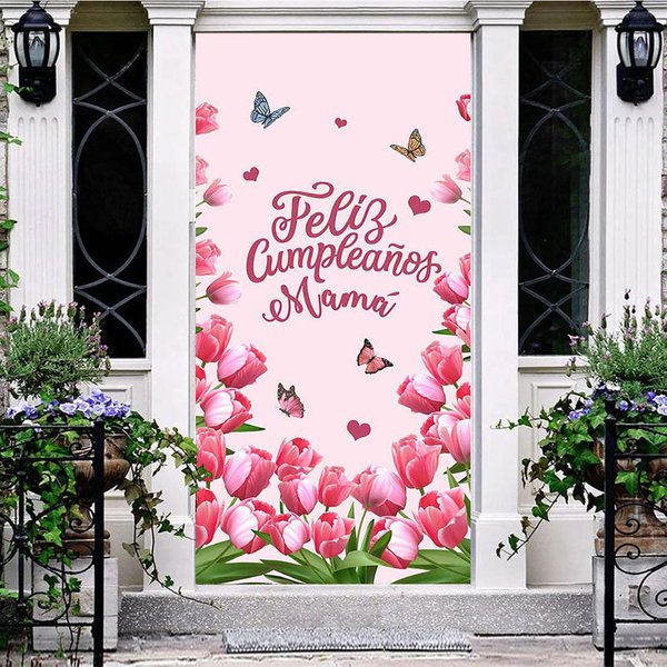 Aperturee Pink Tulip Feliz Cumpleanos Mama Birthday Door Cover, 30x80 Inch, 28.48 USD, birthday door covers, ZZML128A-A