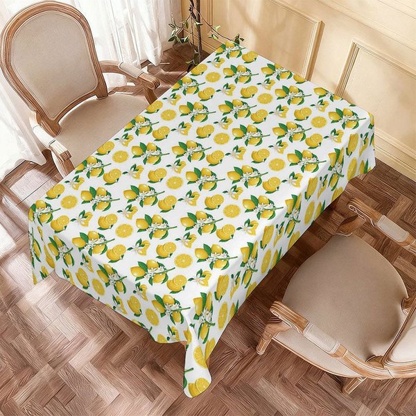 Aperturee Vibrant Yellow Lemon Floral Rectangle Tablecloth, Summer Fruit Blossom Catering Table Decor