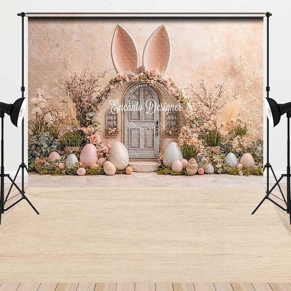 Aperturee Bunny Ear House Easter Photography Backdrop, Pastel Eggs and Spring Floral Decor Studio Background