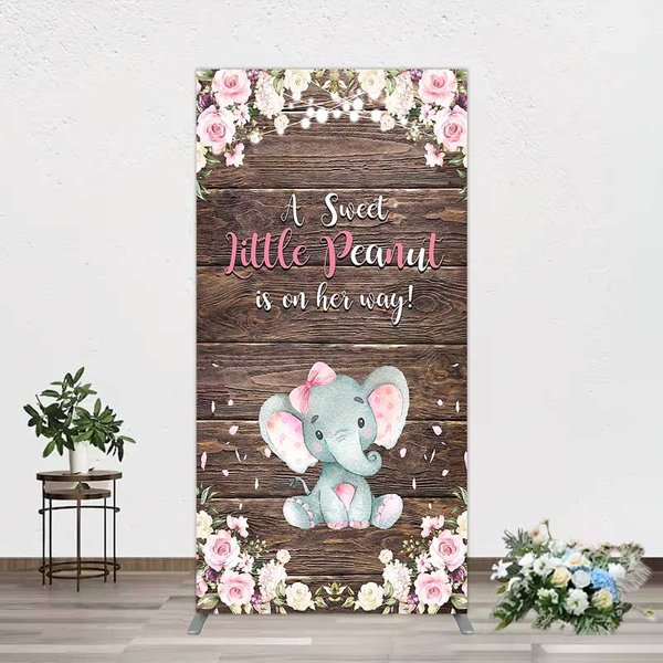 Aperturee Rustic Wood and Floral Little Peanut Arch Backdrop Pink Rose Elephant Baby Shower Decoration