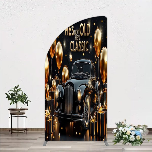 Aperturee Classic Car Arch Backdrop, Vintage Black Car Gold Birthday Party Decorations Art