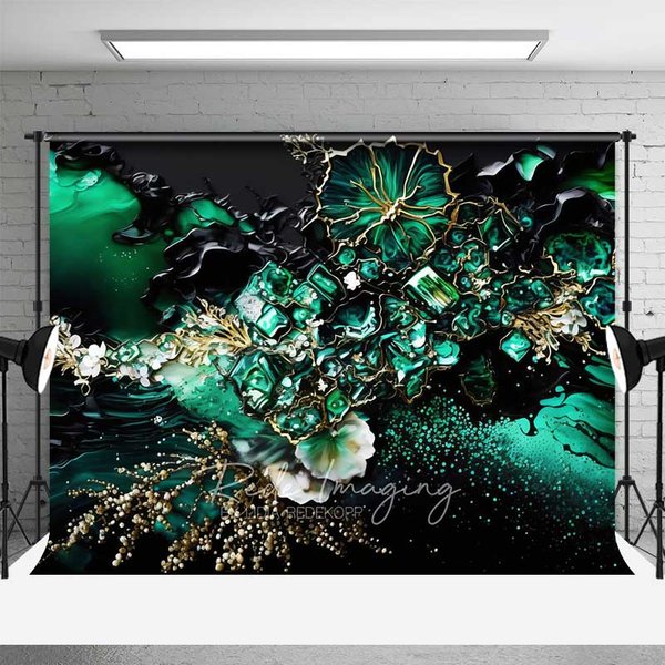 Aperturee Deep Green Floral Crystal Abstract Backdrop, Gold Veins and Blossoms Photography Background, Elegant Event Decor Studio
