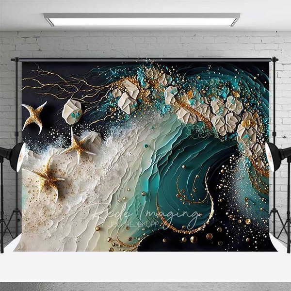 Aperturee Abstract Teal Ocean Wave and Gold Starfish Backdrop, Summer Beach Photography Background, Studio Props
