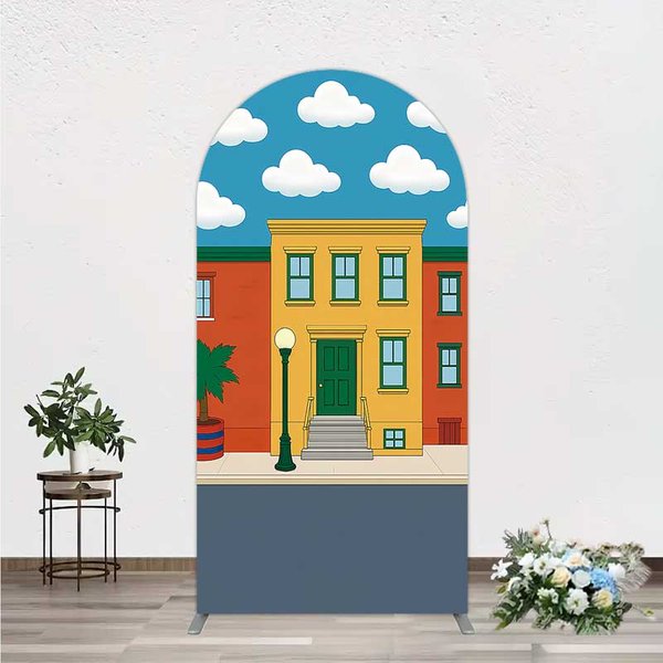 Aperturee Cartoon Street and House Arch Backdrop Neighborhood Building Photography Background