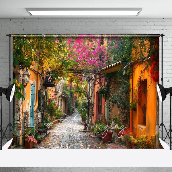 Aperturee European Town Street Backdrop, Colorful Stone Houses and Pink Floral Bougainvillea Photography Background for Travel