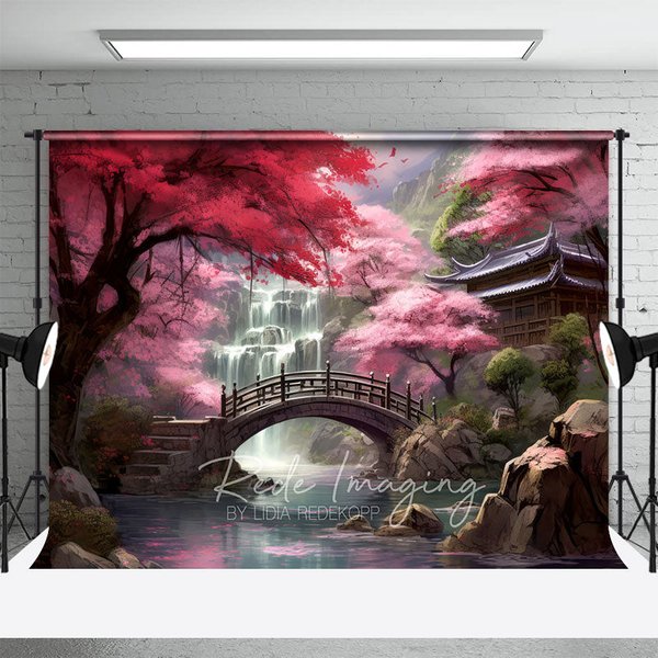 Aperturee Cherry Blossom Garden Backdrop, Wooden Bridge and Waterfall Photography Background for Spring Asian Architecture