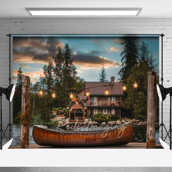 Aperturee Lake Cabin Sunset Backdrop, Wooden Canoe and Glowing String Lights Photography Background for Summer Camp
